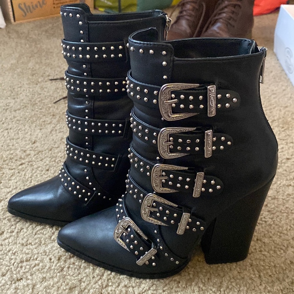 Black Studded Buckle Block Heel Ankle Boots